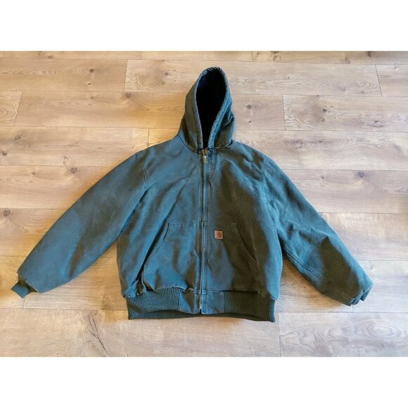 CARHARTT Vtg Green Work Wear Hooded Quilted Lining J130 Mos Jacket Size XL - Picture 1 of 14